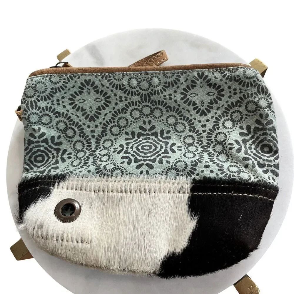 Myra‎ Bag Floral Canvas Leather Hairon Pouch Wristlet Small Bag Purse